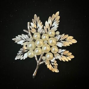 Trifari Elegant Silver and Pearl Leaf Brooch
